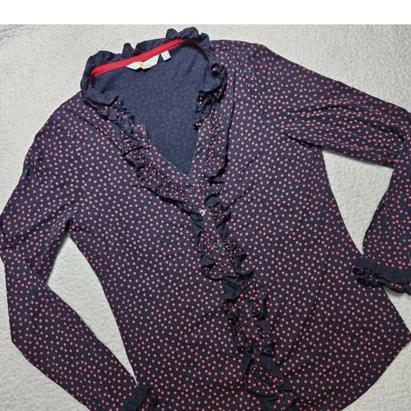 Boden Black Blouse with Pink Dots and Ruffles - Picture 2 of 9